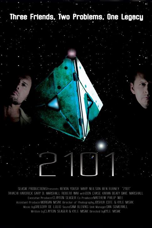 Two men’s heads float around a tetrahedron in outer space.