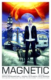 A drawing of Allix Mortis (as Alice) standing in front of a sheep, a fast car,
                high-tech gear, the Empire State Building, an electric charge, and a rising planet.