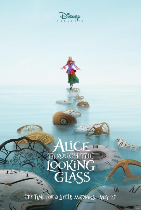 Drawing of Mia Wasikowska (as Alice) in a multi-colored skirt and top, stepping across clockfaces and gears on calm, misty water.