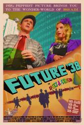 Startled Nick Westrate (as Essex) and Betty Gilpin (as Banky) walk through a
                spect-a-color futuristic city.