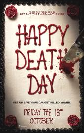 A bloody knife with spooky eyes cuts a white cake with red frosting that spells
                Happy Death Day.