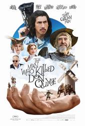 Long-haired, mustachioed Adam Driver (as Toby) is the central figure among
                other medieval characters and an old windmill.