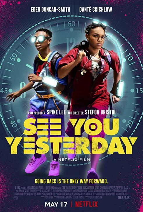 Teens Eden Duncan-Smith (as C. J. Walker with glowing glasses) and Dante Crichlow (as Sebastian Thomas) run in front of a clockface.
