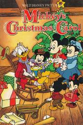 Mickey Mouse, Minnie Mouse and three little ones gather around Scrooge McDuck
              in front of a Christmas tree.