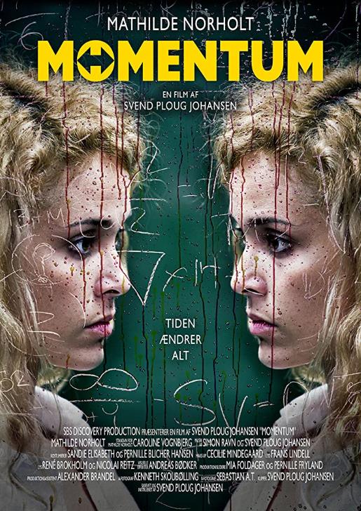 Blood-spattered Mathilde Norholt (as Anna) faces herself in front of a blackboard of equations.