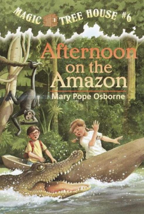 A crocodile gapes at frightened young Jack and his younger sister Annie in a dugout canoe.