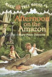 A crocodile gapes at frightened young Jack and his younger sister Annie in a
                dugout canoe.