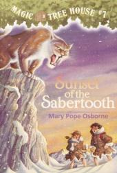 From atop a small cliff, a sabertooth tiger roars down at young Jack and
                Annie.