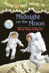 With the Earth hanging in the sky, young Jack and Annie bounce across the
                surface of the moon in their spacesuits.