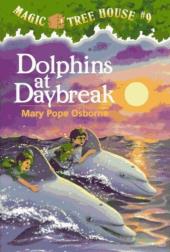 With the sun hanging low in a purple sky behind them, young Jack and Annie ride
                two dolphins over the waves.