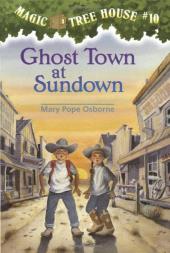 Dressed as young cowboys on a street in an old west town, a startled Jack and
                Annie look into the distance.