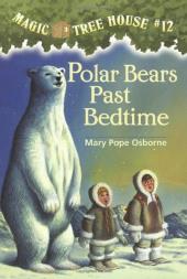 Young Jack and Annie, along with a polar bear standing tall, stare up at an
                aurora borealis.