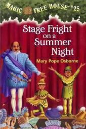 Dressed in colorful green garb, young Jack and Annie take bows on a
                Shakespearian stage.