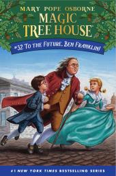 Dressed as Colonial American children, young Jack and Annie race across a brick
                street with Ben Franklin.