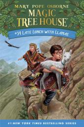 Young Jack carries a baby llama along a narrow mountain path with Annie and an
                eagle behind him.