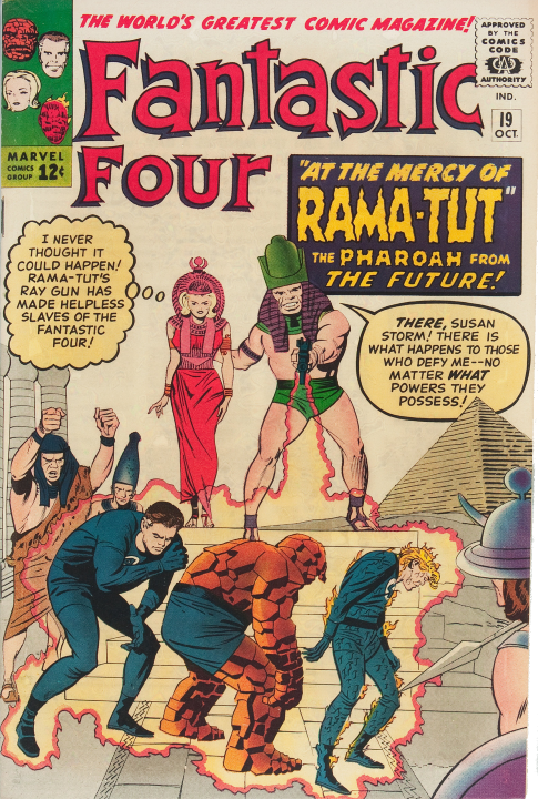 Standing beside Rama Tut and dressed in red finery, Sue Storm thinks, "Rama Tut