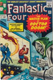 Doctor Doom stands at the controls of a Kirby-esque machine, watching the
                Fantastic Four at the edge disappearing floor with outer space below.