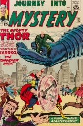As scared people race away, the Mighty Thor spins his hammer, preparing to
                throw it at Zarrko, who is descending on a big, blue hand.