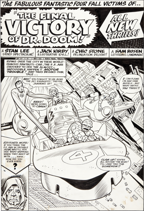 Pen-and-ink splash page of the Fantastic Four facing motor trouble while riding over the city in their world-famous Fantastic-Car.