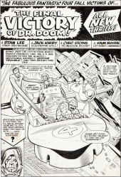 Pen-and-ink splash page of the Fantastic Four facing motor trouble
                while riding over the city in their world-famous Fantastic-Car.
