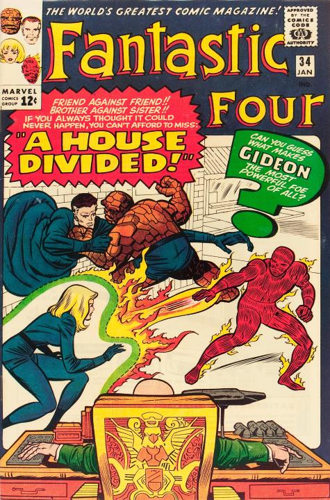 A bald man sits at an ornate desk, calmly watching as the Fantastic Four attack one another.
