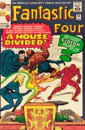 A bald man sits at an ornate desk, calmly watching as the Fantastic Four attack
                one another.