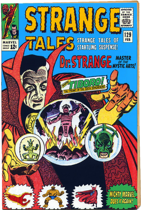 A mesmerized Doctor Strange levitates three crystal balls containing two images of Tiboro the tyrant and one of an idol.