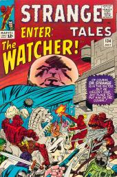 A giant Watcher looms over a castle and a heated battle between a mass of
                medieval people and two members of the F F: the Human Torch and the Thing.