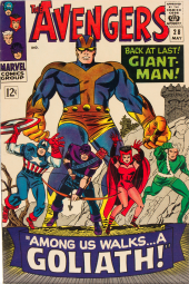 Goliath, in his new purple and gold costume, looms large behind the
                four other Avengers.