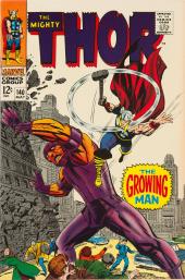 Citizens of New York City flee as the giant Growing Man in purple armor topples
                a building while the Mighty Thor attacks.