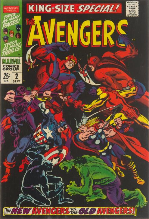 Five Avengers from 1968, led by Goliath and the Wasp, face off against the five Avengers as they were in early 1964, led by Giant Man and the Wasp.