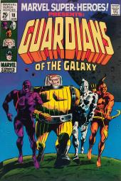 The four original Guardians of the Galaxy morch toward us over a green planet,
                with a grey moon hanging in the sky behind them.