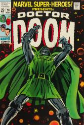 A full-page Doctor Doom raises his arms in triumph over a backdrop of dozens of
                red, orange, and yellow moons and stars.