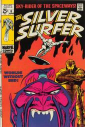 The Silver Surfer swoops out of an orange fire toward a golden armored guard
                and the head of a gaping pink-and-purple demon.