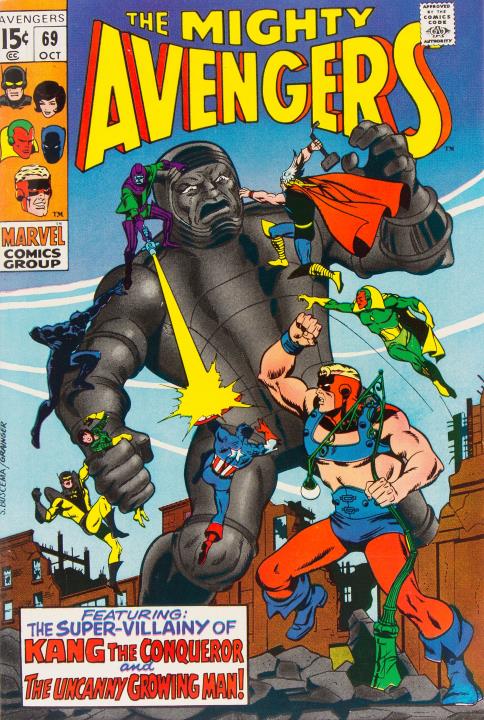 Kang the Conqueror stands on the shoulder of a giant, grey, robotic man, as seven Avengers attack.