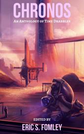 A person and a large droid on a pier with giant finned towers in purpleish
                light behind.