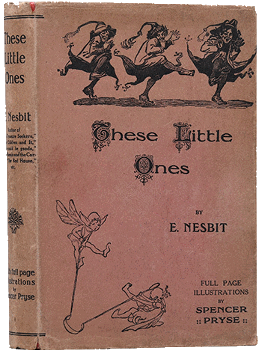 A row of three jestors dance across the top while two fairies fly away with a possible necklace below.