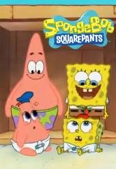 Cartoon character Sponge-Bob and his starfish pal Patrick stand in a boxy time
                machine in front of their younger selves.