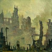 An impressionistic painting of the ruins of the ancient, fictional city of
                Carcosa with a small gathering of people in the foreground.
