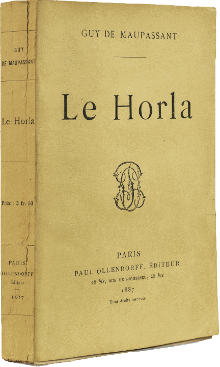 A tannish hardback edition of Le Horla by Guy de Maupassant showing publication indicia and a small abstract design.