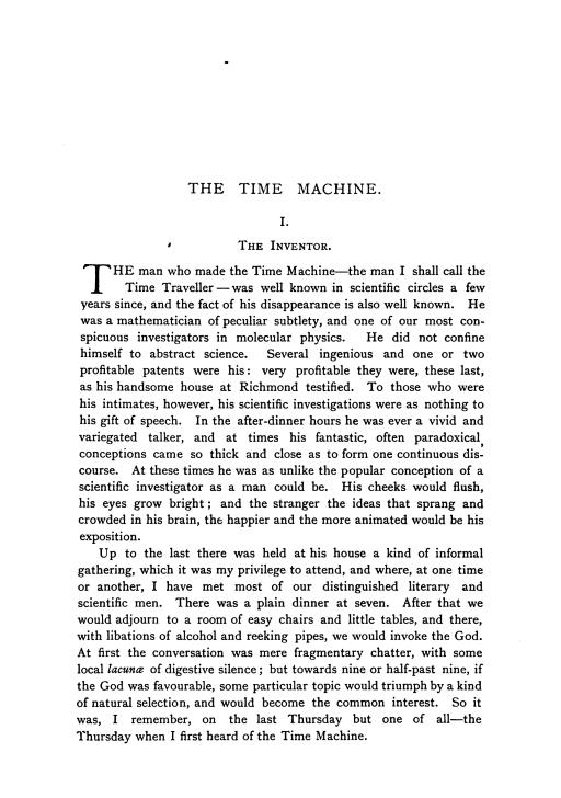 First page of the original release of The Time Machine by H. G. Wells consisting of two long paragraphs.