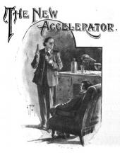 Black-and-white drawing of two middle-aged Englishmen in a sparse laboratory
                discussing a vial of liquid.