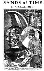 A young man peers out from an egg-shaped time machine at an older man.