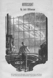 Pen-and-ink drawing of a man standing at a futuristic control panel, looking at
                a wall-sized hatched screen displaying a flying ship.