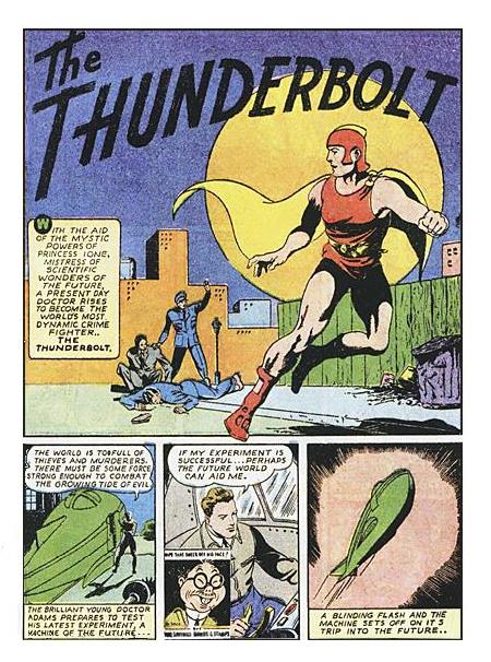 Three panels showing the Thunderbolt in his costume before flashing back to his time trip.