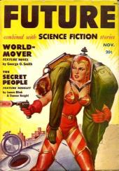 A woman in a red bathing/space suit and thigh-high boots wields a ray gun while
                carrying off an unconscious man.