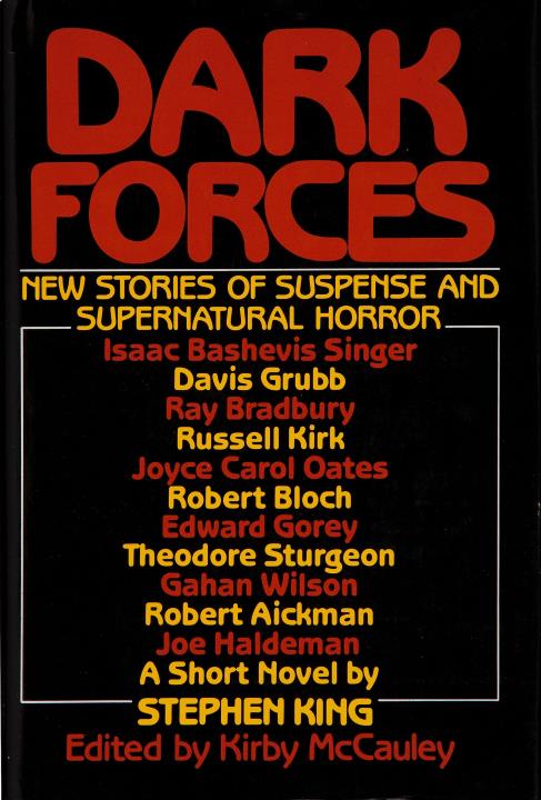 Blood red letters state the title Dark Forces, with a yellow subtitle "New Stories of Suspense and Supernatural Horror".