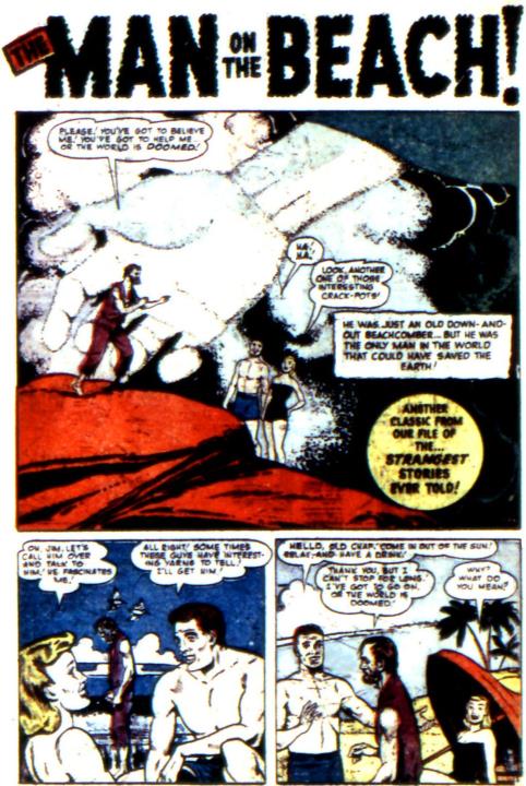 In the first large panel of the page, a giant hand drops off a scruffy man on an outcropping of rocks, where he is greeted by a couple of beachgoers.