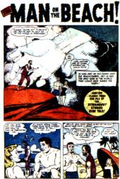 In the first large panel of the page, a giant hand drops off a scruffy man on
                an outcropping of rocks, where he is greeted by a couple of beachgoers.