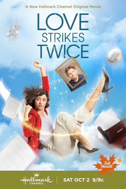 Katie Findlay (as Maggie Turner) falls through a sparkly sky with a photo of Wyatt Nash (as Josh Turner) in the background.